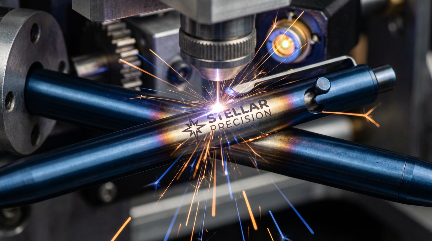 Precision laser engraving machine etching a logo onto a blue metal pen