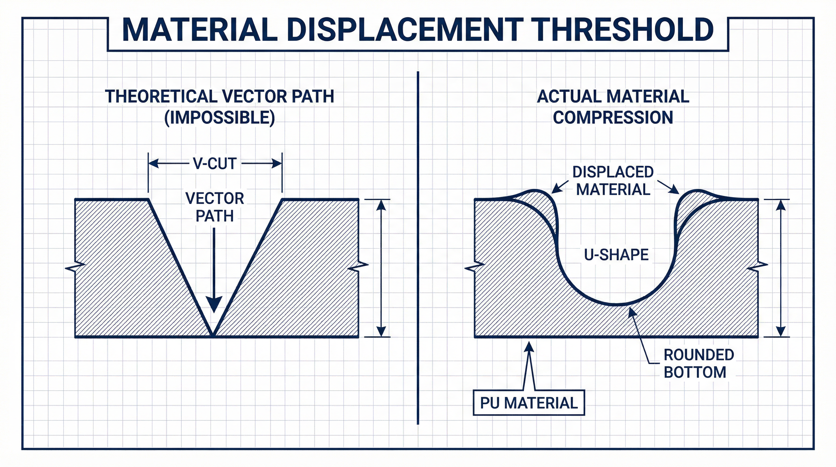 Cross-section comparison of theoretical V-cut vs actual U-shape compression