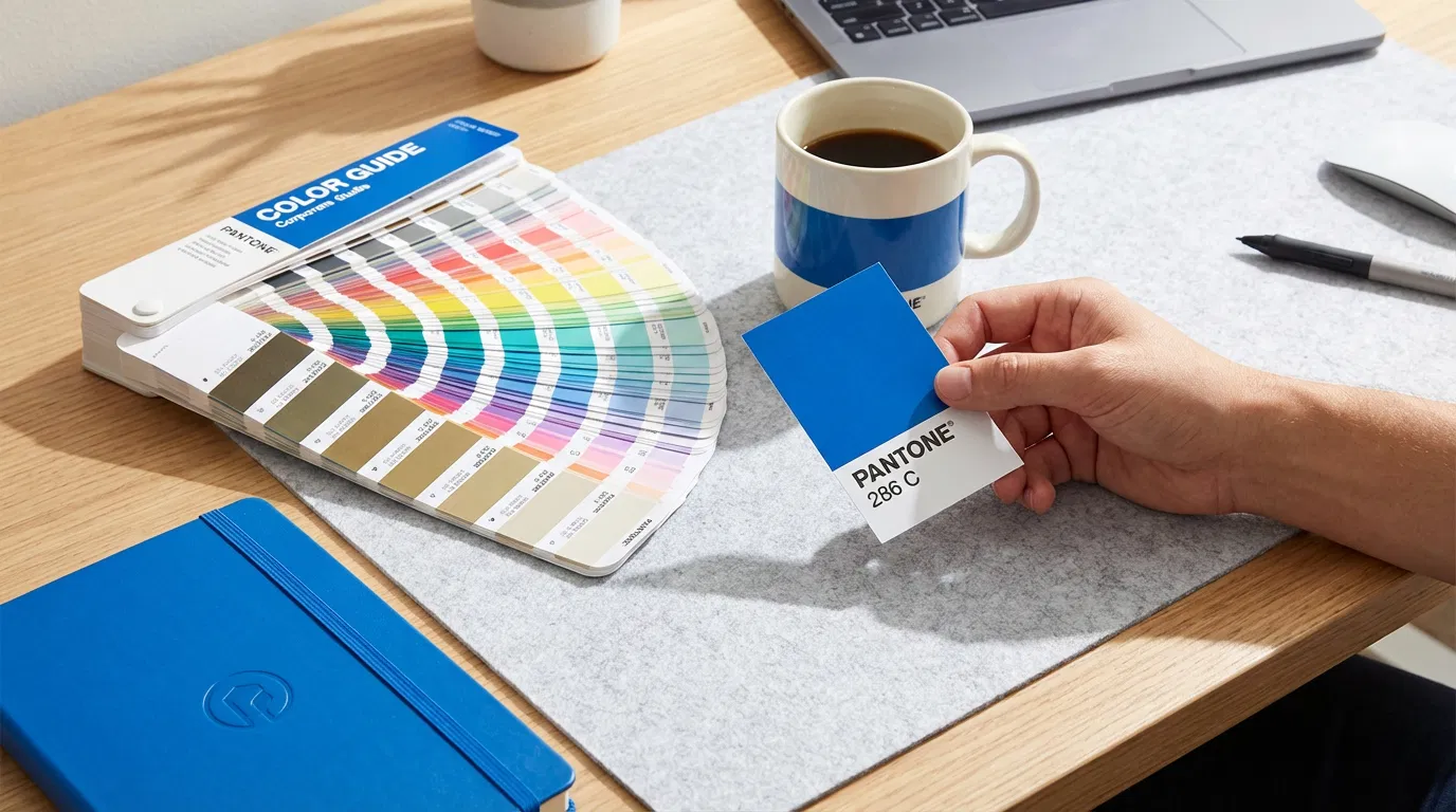 Pantone color swatch book fanned out next to a custom-printed corporate mug and notebook.