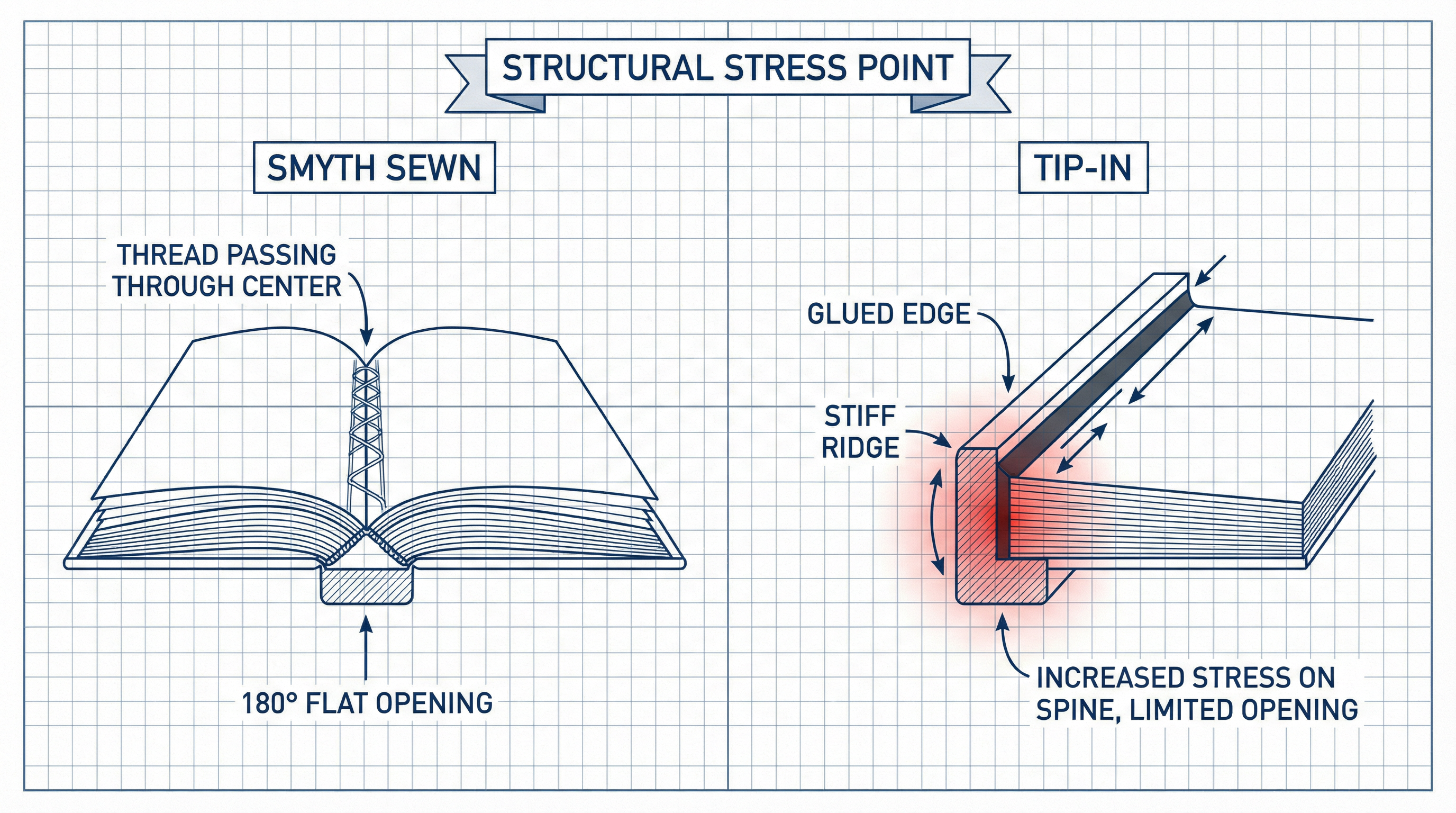 Cross-section comparison of Smyth Sewn vs Tip-In binding stress