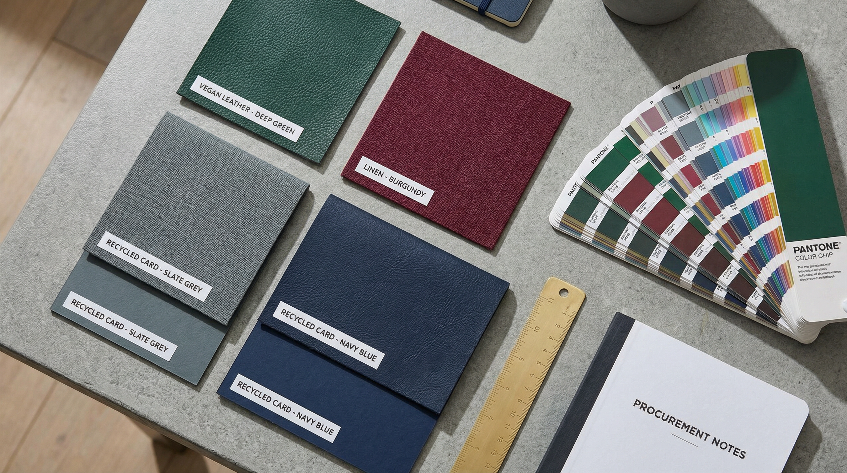 Corporate notebook material swatches and Pantone chips