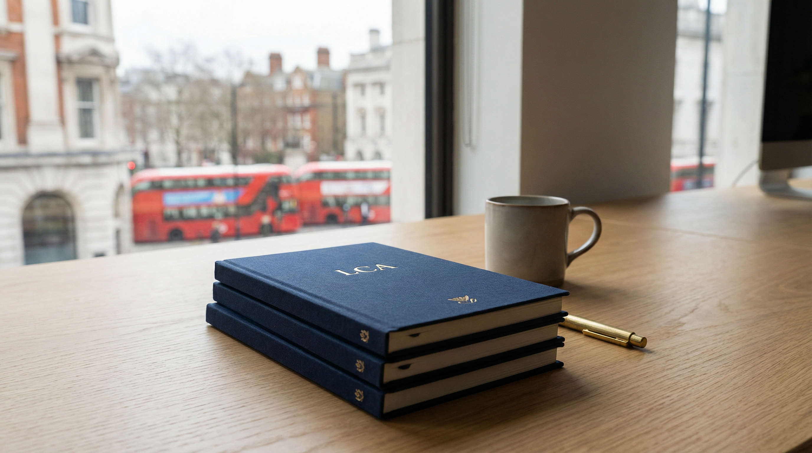 Premium bespoke corporate notebooks on a London office desk